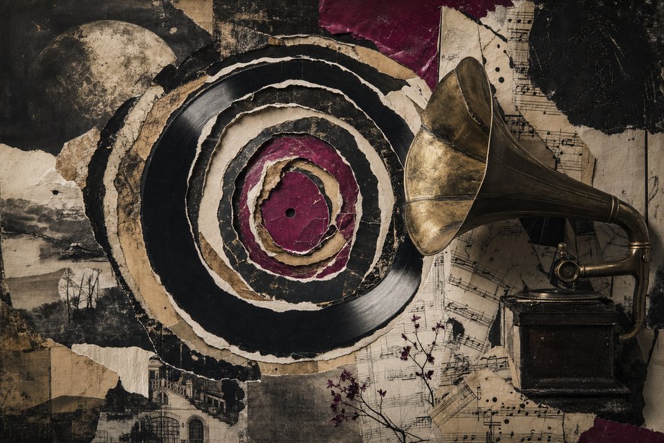 A vinyl record split into concentric torn-paper rings, its label peeling in layers, with a brass gramophone horn emerging from collaged sheet music