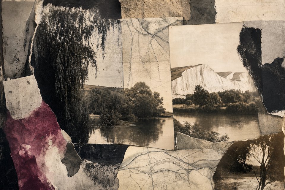 An English river landscape with willow trees and chalk downs, cut apart and reassembled as overlapping collage panels with sepia photograph edges