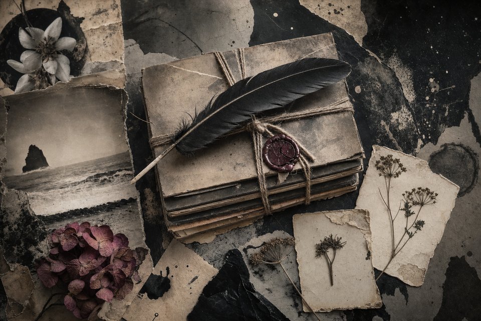 A stack of parcel-wrapped books tied with twine, one black feather laid across them like a quill, a cracked wax seal and scattered specimen labels
