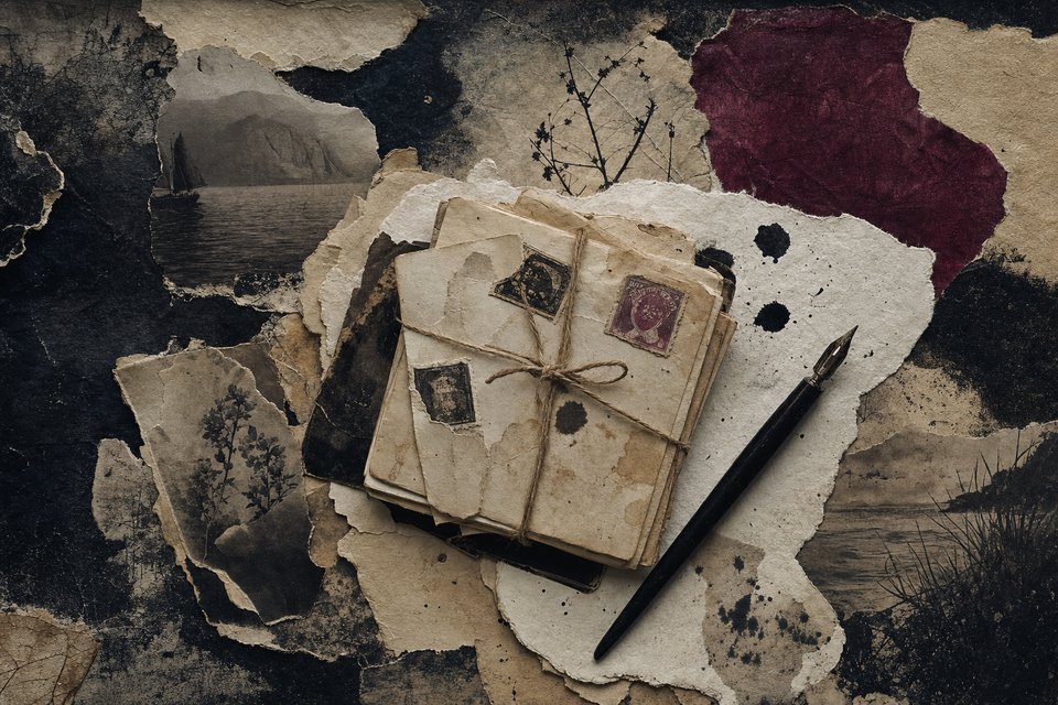 A small still life of vintage envelopes bound with twine, franked postage-stamp fragments and a dip pen resting on blotting paper