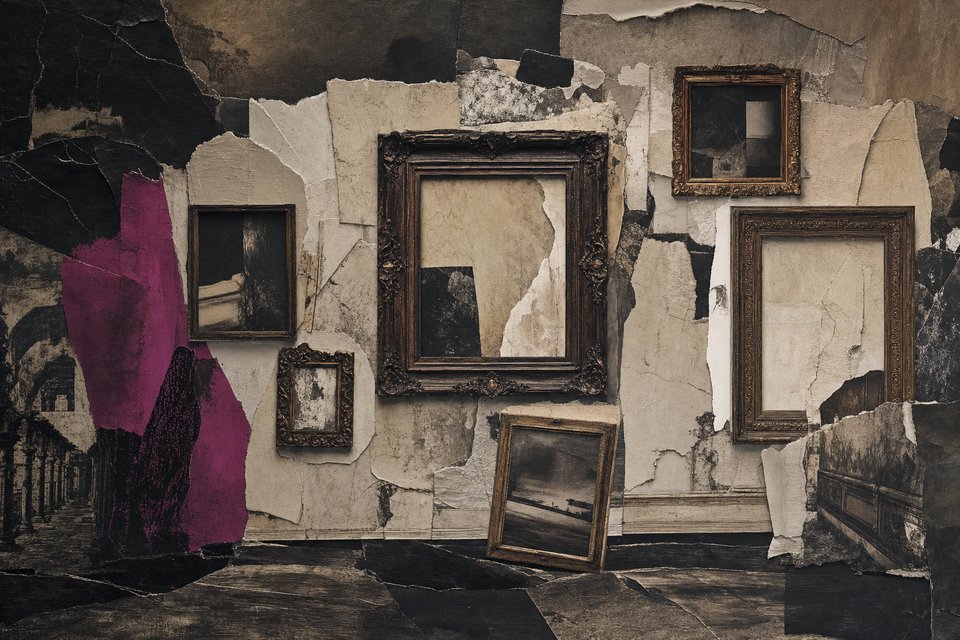 A gallery wall in raking light hung with empty ornate frames of different sizes, plaster peeling, one frame leaning against the skirting