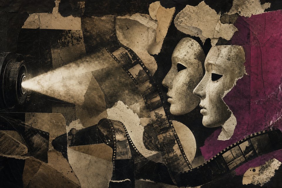 Strips of 35mm film curling across a dark collage with two sculptural masks in profile and a cone of dusty projector light