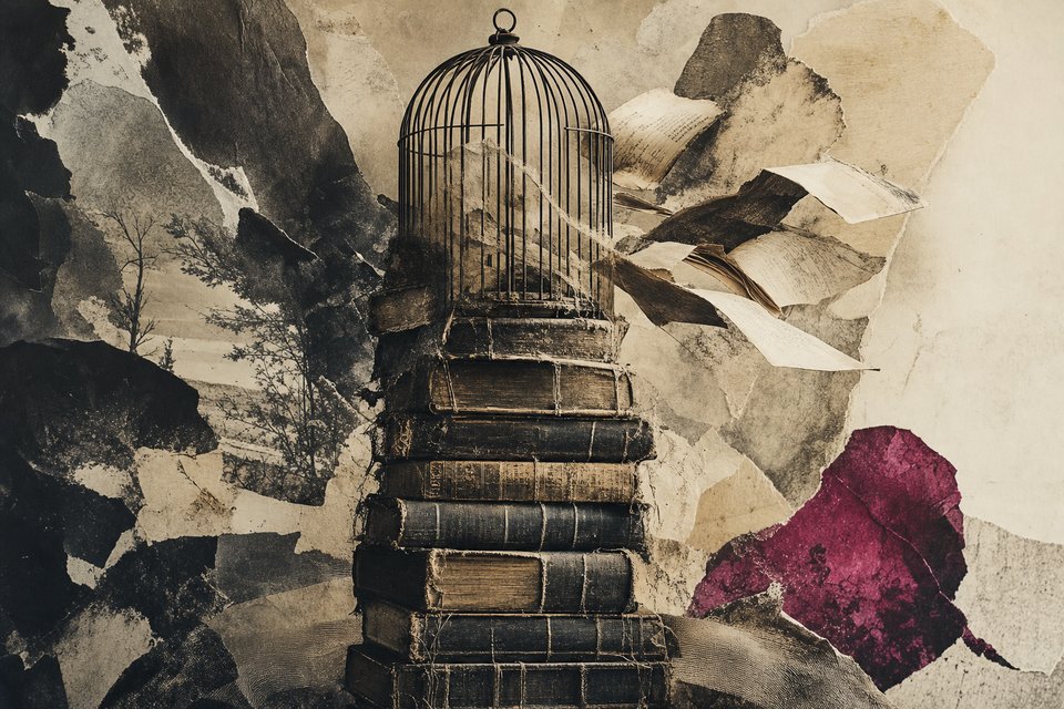 Tower of weathered cloth-bound book spines dissolving into the bars of an empty birdcage, loose pages lifting away like wings