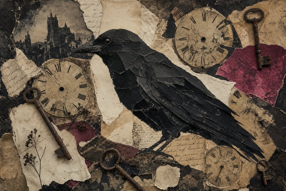 Mixed-media collage of a crow assembled from torn black paper among antique clock faces, rusted keys and fragments of handwritten letters