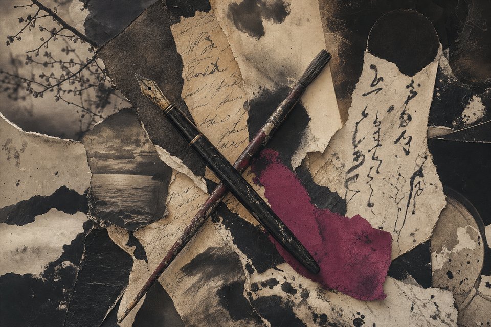 A fountain pen and a paintbrush crossed over layers of torn manuscript scraps and inkblots, two kinds of handwriting bleeding into each other