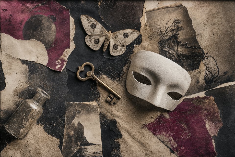 Assemblage of pale sand drifting across dark paper with an antique brass key, a white theatrical half-mask, a moth and a small glass bottle