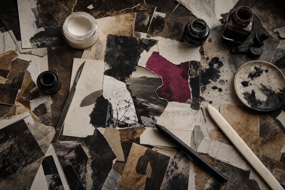 An artist's worktable seen from above with scalpel, glue pot, scattered photographic scraps, ink bottles, bone folder and a graphics tablet stylus