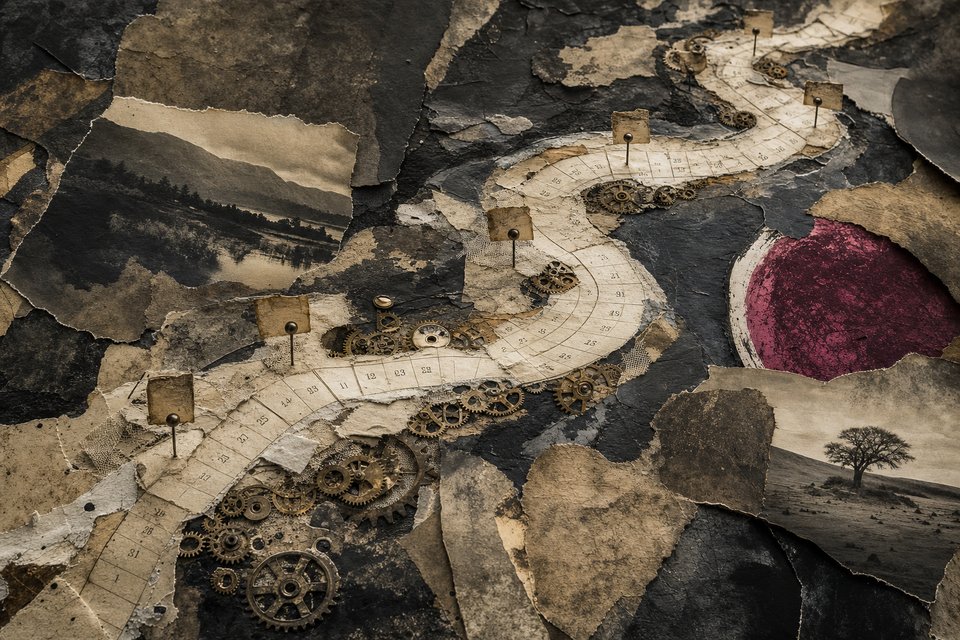 A meandering ribbon of collaged calendar fragments and clock gears flowing like a river across a dark plate, milestones marked by pinned paper tabs