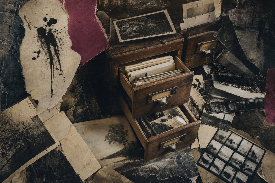 Wooden card-catalogue drawers pulled open, spilling index cards, photographic negatives and contact sheets across a dark desk